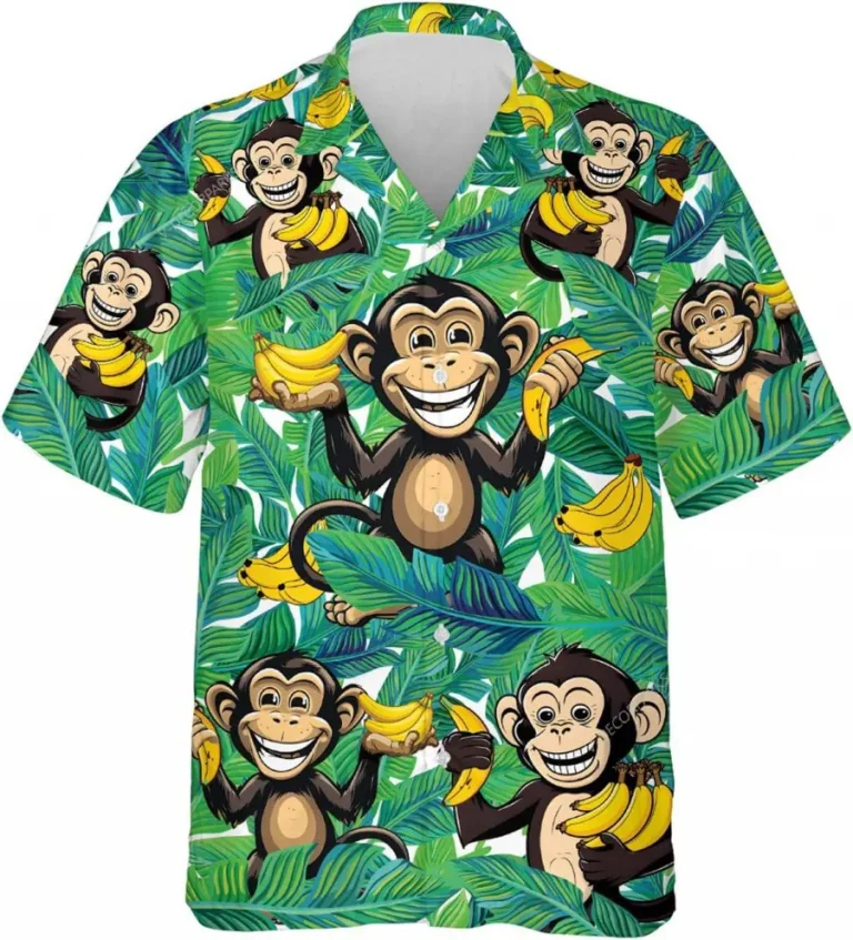 Funny Monkey With Banana Tropical Summer Men's Hawaiian Shirts, Monkey Tropical Beach Shirt, Short Sleeve Button Down Hawaiian Shirt, Aloha Shirt