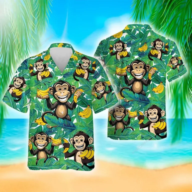 Funny Monkey With Banana Tropical Summer Men's Hawaiian Shirts, Monkey Tropical Beach Shirt, Short Sleeve Button Down Hawaiian Shirt, Aloha Shirt