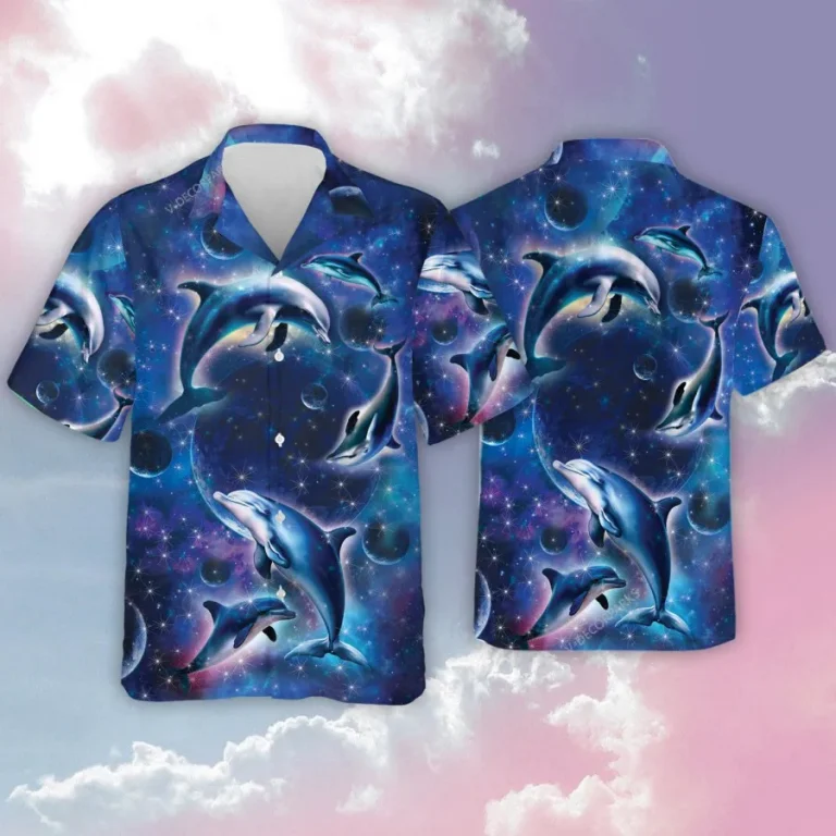 Dolphin Hawaiian Shirt For Men Women, Galaxy Hawaiian Style Summer Beach Shirts, Hawaii Aloha Shirt, Summer Casual Button Down Short Sleeve Shirt