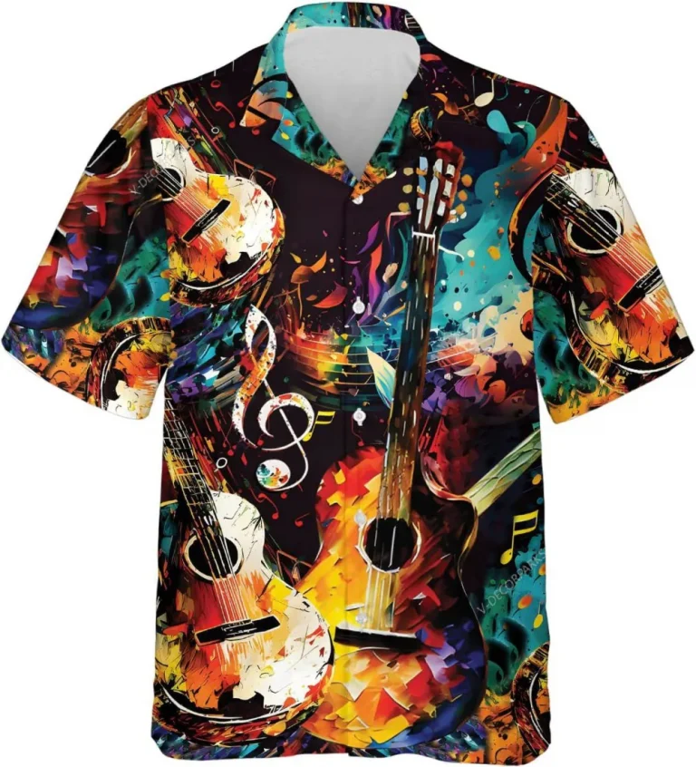 Oil Painting Guitar Hawaiian Shirt For Men Women, Guitar Button Down Shirts, Casual Printed Summer Beach Shirt, Button Vintage Aloha Hawaii Shirt