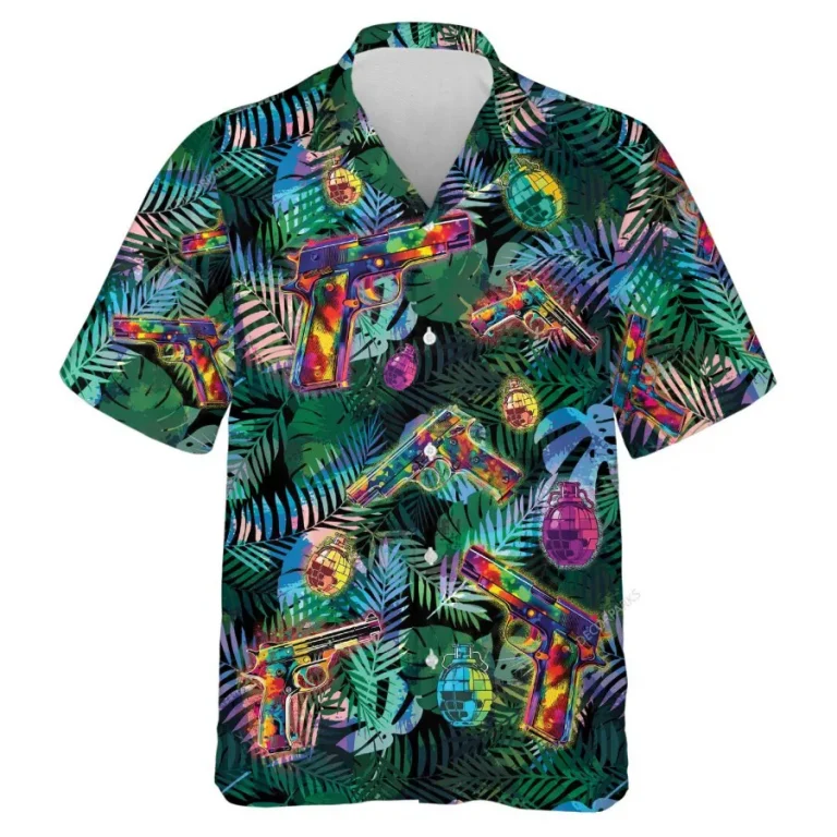 Gun Hawaiian Shirts For Men Women, Tropical Hawaiian Style Aloha Shirts, Mens Casual Summer Beach Shirt, Weapon Guns Button Down Short Sleeve Shirts