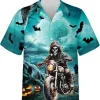 Halloween Skull Biker Hawaiian Shirts For Men, Ghost Shirt, Halloween Shirt, Motorcycle Shirts Summer Beach Shirt, Hawaiian Aloha Shirt