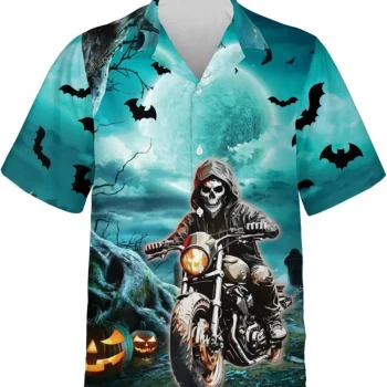 Halloween Skull Biker Hawaiian Shirts For Men, Ghost Shirt, Halloween Shirt, Motorcycle Shirts Summer Beach Shirt, Hawaiian Aloha Shirt