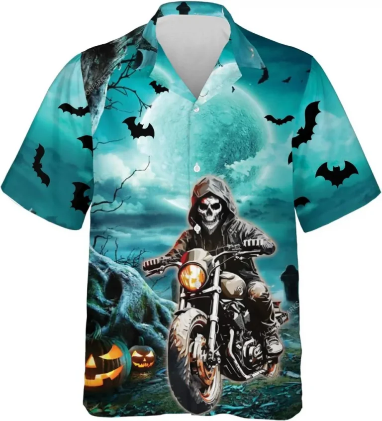 Halloween Skull Biker Hawaiian Shirts For Men, Ghost Shirt, Halloween Shirt, Motorcycle Shirts Summer Beach Shirt, Hawaiian Aloha Shirt