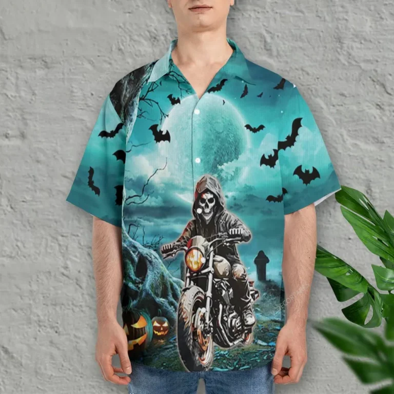 Halloween Skull Biker Hawaiian Shirts For Men, Ghost Shirt, Halloween Shirt, Motorcycle Shirts Summer Beach Shirt, Hawaiian Aloha Shirt