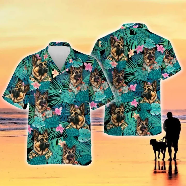 Dog Hawaiian Shirts For Men, German Shepherd Short Sleeve Button Down Shirt, Summer Beach Shirts, Tropical Floral Hawaiian Shirts, Gift For Dog Lovers