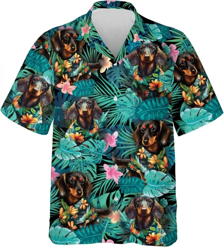 Dachshund Mens Hawaiian Shirts, Floral Dachshund Short Sleeve Button Down Shirt, Summer Beach Hawaiian Shirts For Men Pet Lovers, Gift For Dog Lovers