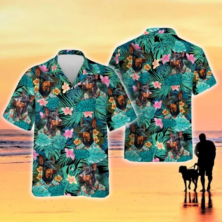 Doberman Pinscher Hawaiian Shirt, Tropical Floral Doberman Pinscher Short Sleeve Button Down Summer Beach Shirts For Men, Aloha Shirts For Dog Lovers