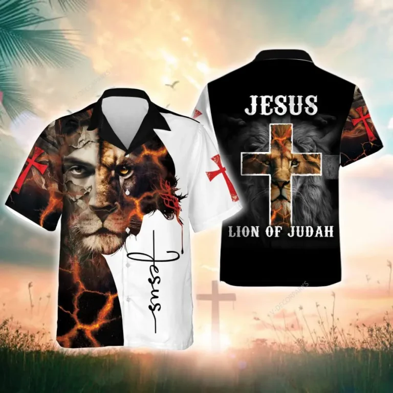 Jesus Lion Of Judah Hawaiian Shirts For Men, Jesus Short Sleeve Button Down Hawaiian Shirt, Christian Aloha Summer Shirt, Casual Printed Beach Shirt