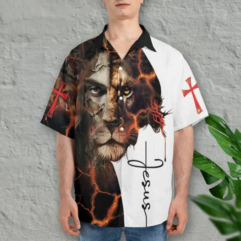 Jesus Lion Of Judah Hawaiian Shirts For Men, Jesus Short Sleeve Button Down Hawaiian Shirt, Christian Aloha Summer Shirt, Casual Printed Beach Shirt