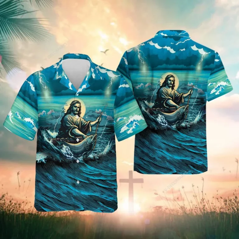 Jesus Fishinghawaiian Shirts For Men Women, Fishing Button Down Hawaiian Shirt, Short Sleeve Summer Beach Shirt, Casual Printed Aloha Shirt