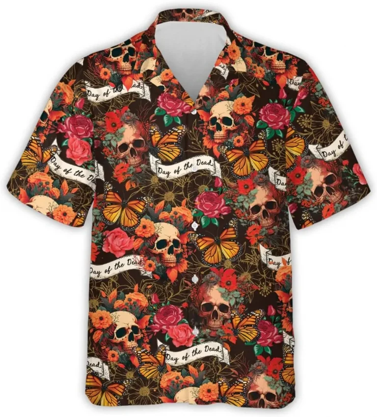 Day Of The Dead Men's Hawaiian Shirts, Mexican Floral Butterflies Skull Hawaiian Shirts, Summer Shirts, Mexico Theme Button Down Short Sleeve Shirts