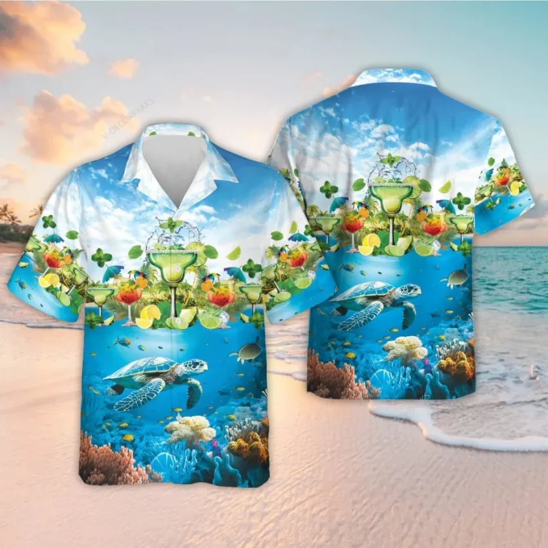 Sea Turtle And Margarita Cocktail Hawaiian Shirt, Summer Cocktail Button Down Hawaiian Shirts For Men, Summer Vacation Hawaiian Shirt, Aloha Shirts