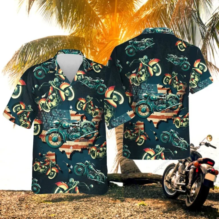 America Motorcycle Hawaiian Shirt For Men Women, Motorcycle Short Sleeve Button Down Hawaiian Shirts, Summer Beach Shirt, Gift For Motorcyle Lover