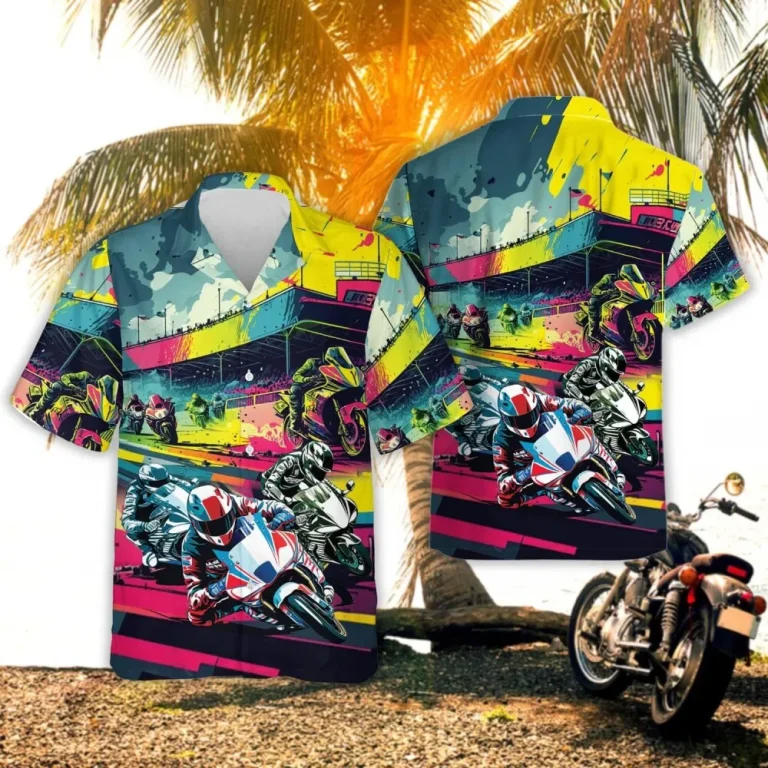 Racing Motorcycle Hawaiian Shirts , Colorful Racing Arena Short Sleeve Casual Button Down Shirts, Racing Summer Beach Shirts, Gift For Racing Lovers