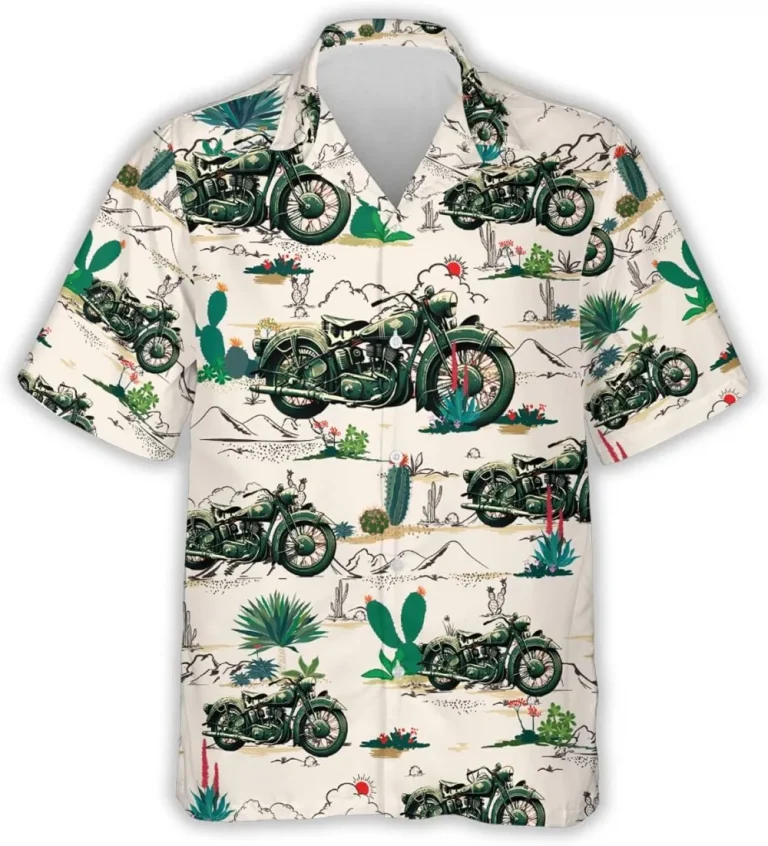 Retro Motorbike Men's Hawaiian Shirt, Cactus Vintage Pattern Summer Shirts, Vintage Motorcycle Short Sleeve Button Down Summer Hawaiian Shirts For Men