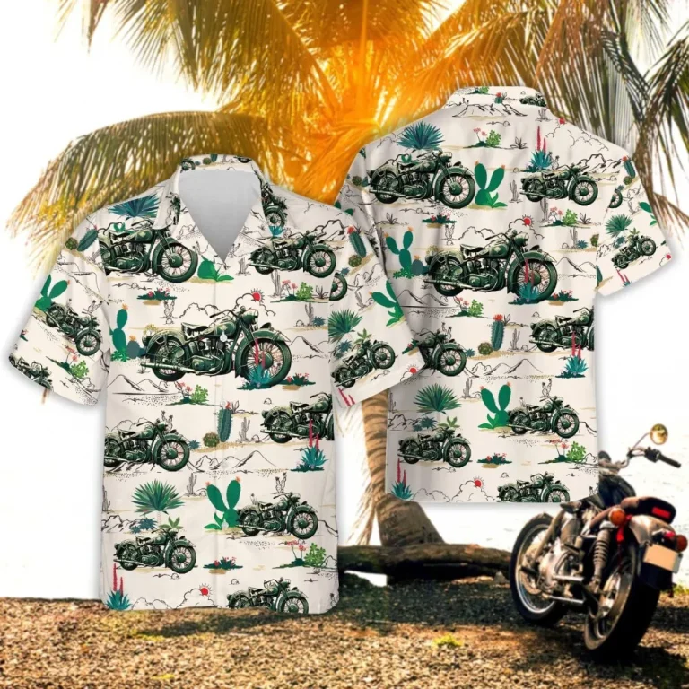 Retro Motorbike Men's Hawaiian Shirt, Cactus Vintage Pattern Summer Shirts, Vintage Motorcycle Short Sleeve Button Down Summer Hawaiian Shirts For Men