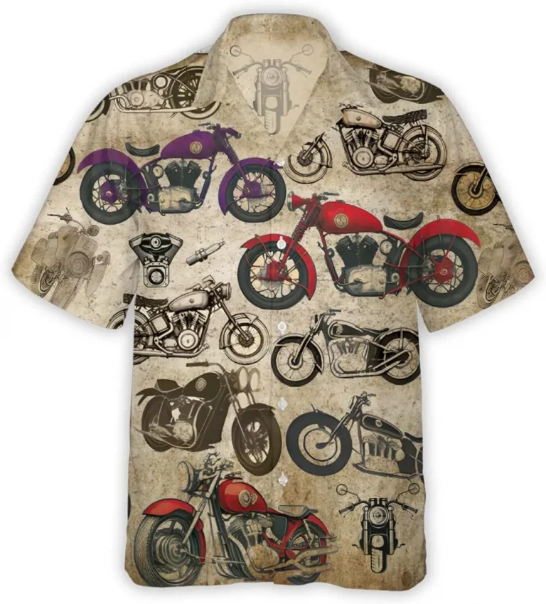 Vintage Motorbike Hawaiian Shirt, Retro Motorbike Pattern Summer Beach Shirts, Short Sleeve Button Down Summer Hawaiian Shirts For Motorbike Lovers