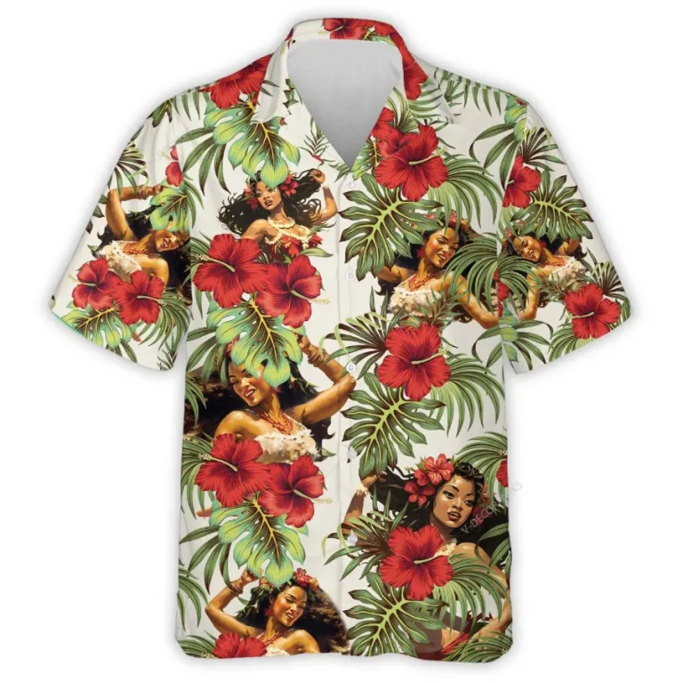 Hula Girl Dancing Hawaiian Shirt For Men Women, Tropical Hibiscus Summer Beach Shirt,hawaii Aloha Shirt,tropical Summer Button Down Short Sleeve Shirt