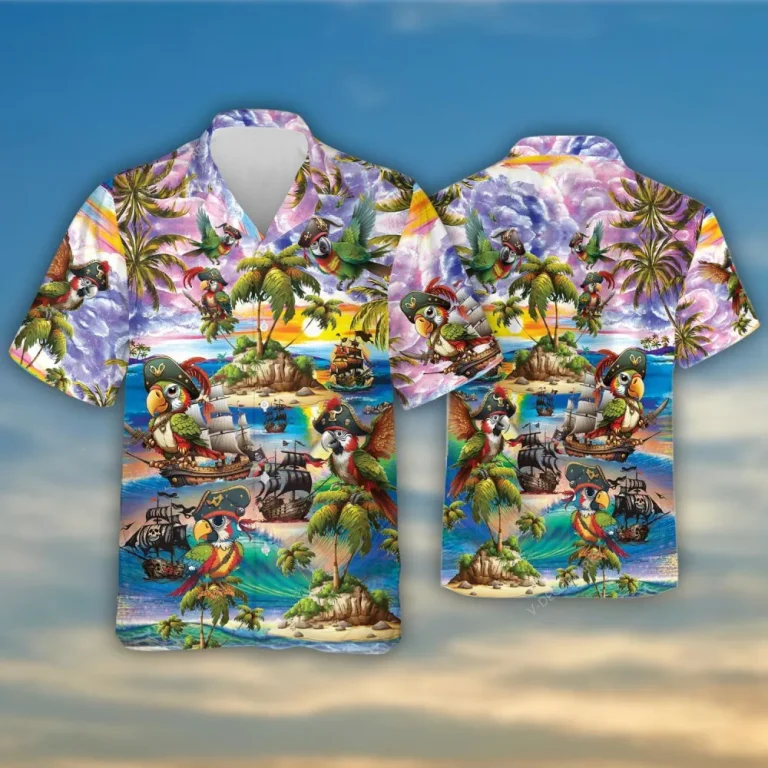 Pirate Parrot And Tropical Island Hawaiian Shirts For Men Women, Vintage Pirates Style Treasure Map Short Sleeve Shirt, Casual Button Down Shirt