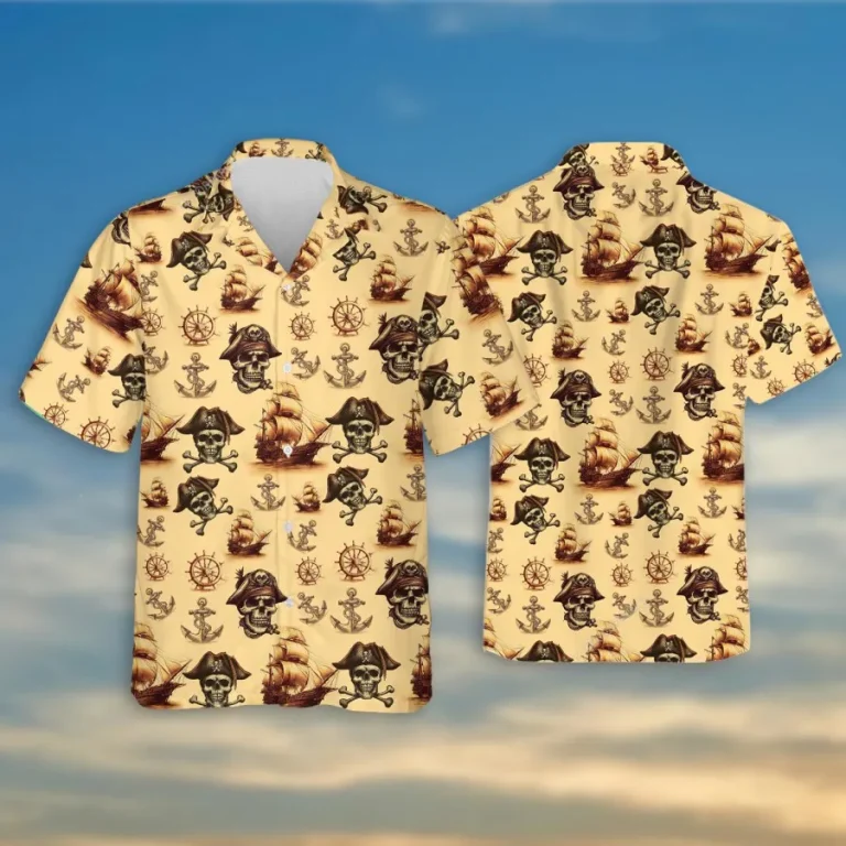 Skull Pirate Hawaiian Shirt For Men Women, Pirate Summer Beach Shirt, Vintage Summer Aloha Shirt, Pirate Skull Button Down Short Sleeve Hawaiian Shirt