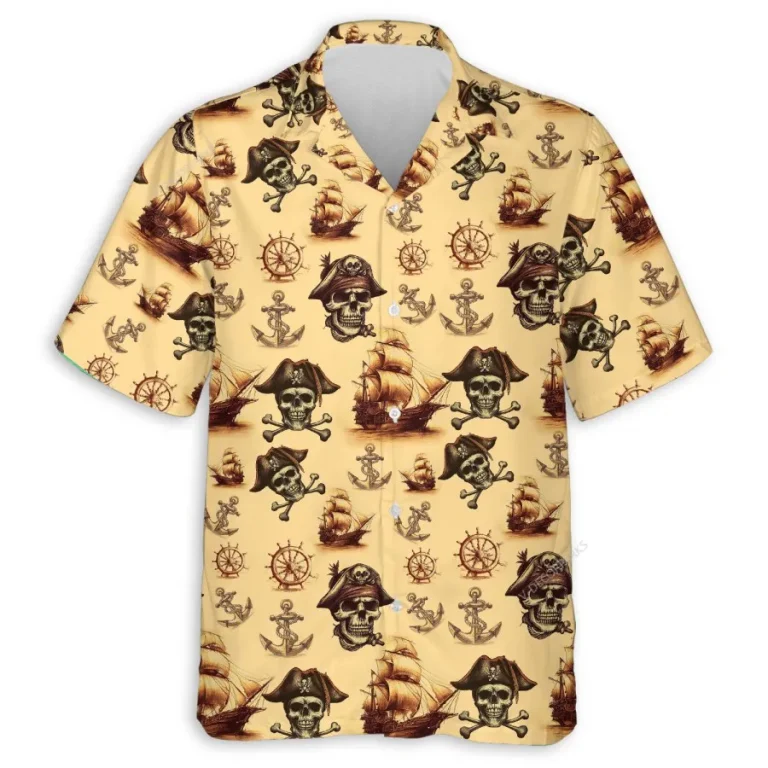 Skull Pirate Hawaiian Shirt For Men Women, Pirate Summer Beach Shirt, Vintage Summer Aloha Shirt, Pirate Skull Button Down Short Sleeve Hawaiian Shirt