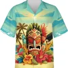 Surfing Tiki And Hibiscus Flower Summer Hawaiian Shirt, Tiki Mask Summer Short Sleeve Button Down Tropcal Beach Shirt, Hawaiian Aloha Shirt