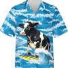 Funny Cow Surfing With Waves Hawaiian Shirt, Surfing Summer Beach Shirt, Short Sleeve Button Down Hawaiian Shirts, Summer Vacation Hawaiian Shirt