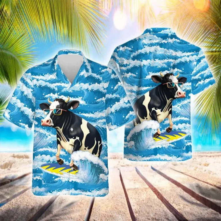 Funny Cow Surfing With Waves Hawaiian Shirt, Surfing Summer Beach Shirt, Short Sleeve Button Down Hawaiian Shirts, Summer Vacation Hawaiian Shirt