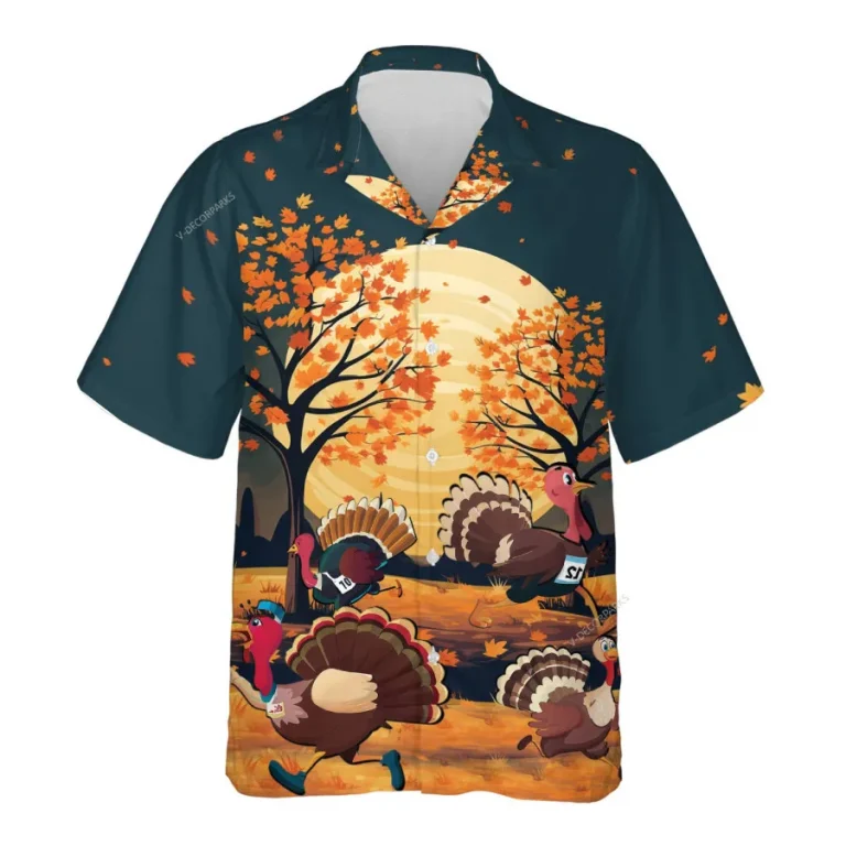 Thanksgiving Turkey Race Hawaiian Shirts For Men Women, Running Chicken Pattern Shirt, Fall Night Aloha Shirt, Thankful Gift