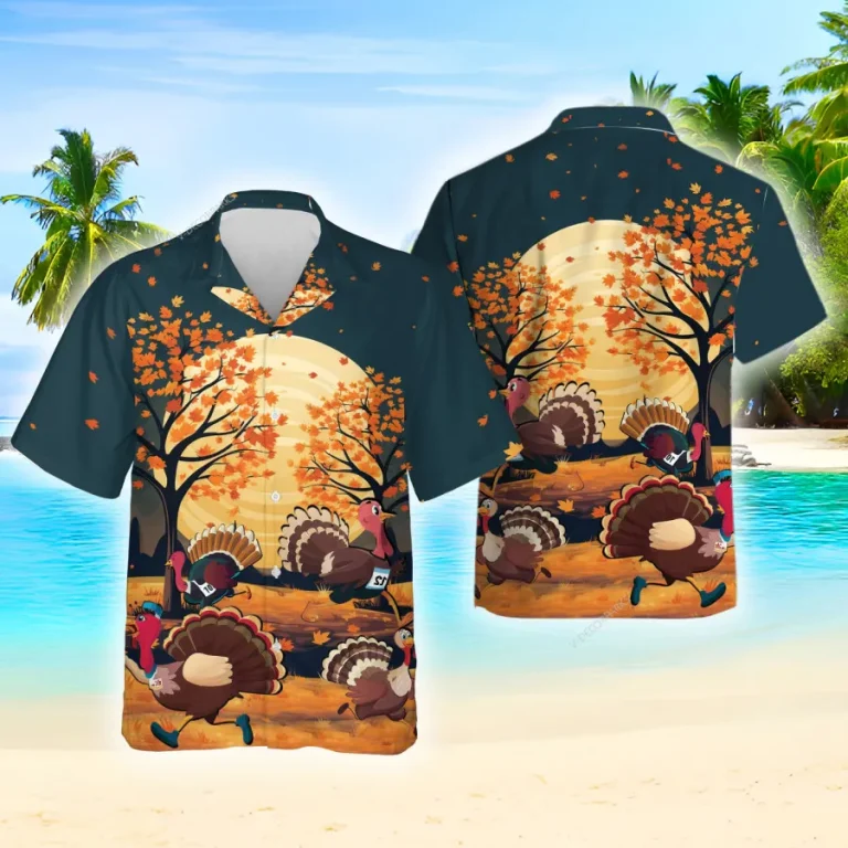 Thanksgiving Turkey Race Hawaiian Shirts For Men Women, Running Chicken Pattern Shirt, Fall Night Aloha Shirt, Thankful Gift