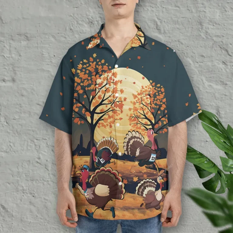 Thanksgiving Turkey Race Hawaiian Shirts For Men Women, Running Chicken Pattern Shirt, Fall Night Aloha Shirt, Thankful Gift