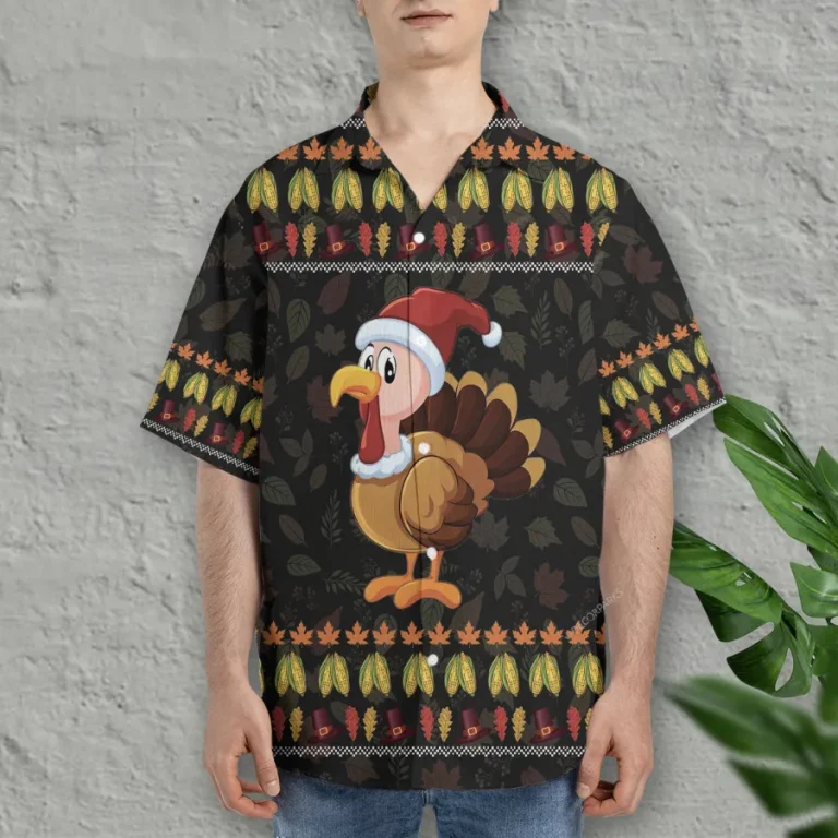 Christmas Turkey Unisex Hawaiian Shirt, Thanksgiving Aloha Button Down Shirt, Fall Vibes Clothing, Bird Lover Gift, Boho Pattern