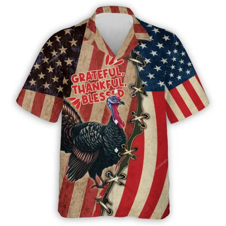 Grateful Thankful Blessed Turkey Thanksgiving Unisex Hawaiian Shirt, Usa Flag Printed Aloha Button Down Shirt, Patriot Thankful Gift