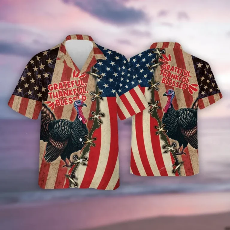 Grateful Thankful Blessed Turkey Thanksgiving Unisex Hawaiian Shirt, Usa Flag Printed Aloha Button Down Shirt, Patriot Thankful Gift