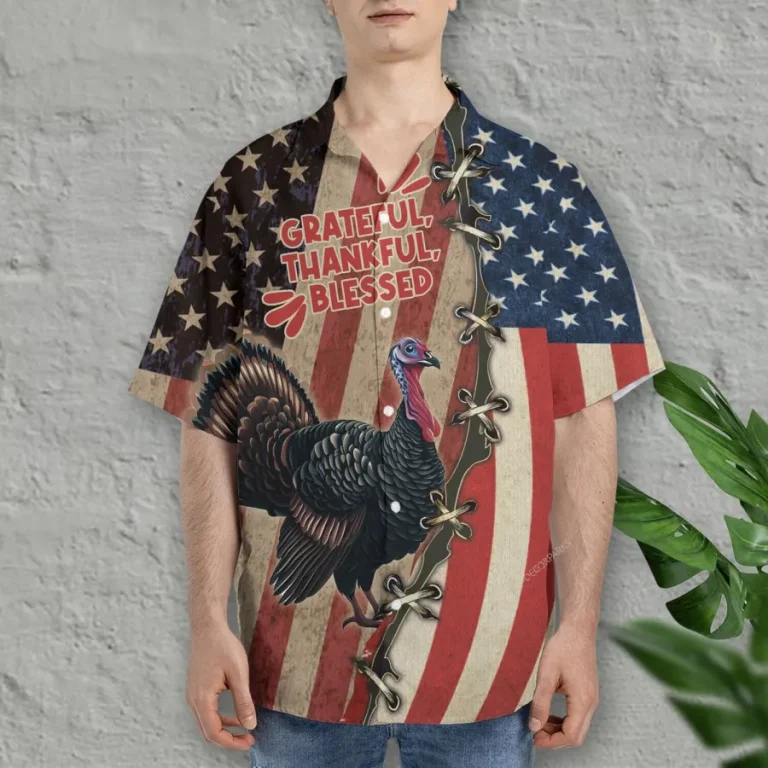 Grateful Thankful Blessed Turkey Thanksgiving Unisex Hawaiian Shirt, Usa Flag Printed Aloha Button Down Shirt, Patriot Thankful Gift
