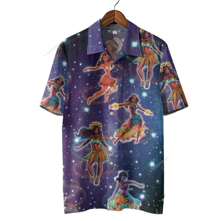 Galaxy Hula Girl Hawaiian Shirts For Men Women, Hawaiian Summer Beach Shirt, Summer Vacation Aloha Shirt, Tropical Tiki Button Down Short Sleeve Shirt