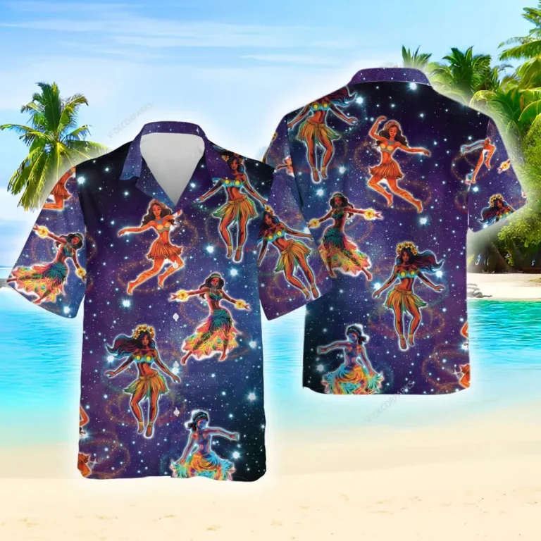 Galaxy Hula Girl Hawaiian Shirts For Men Women, Hawaiian Summer Beach Shirt, Summer Vacation Aloha Shirt, Tropical Tiki Button Down Short Sleeve Shirt