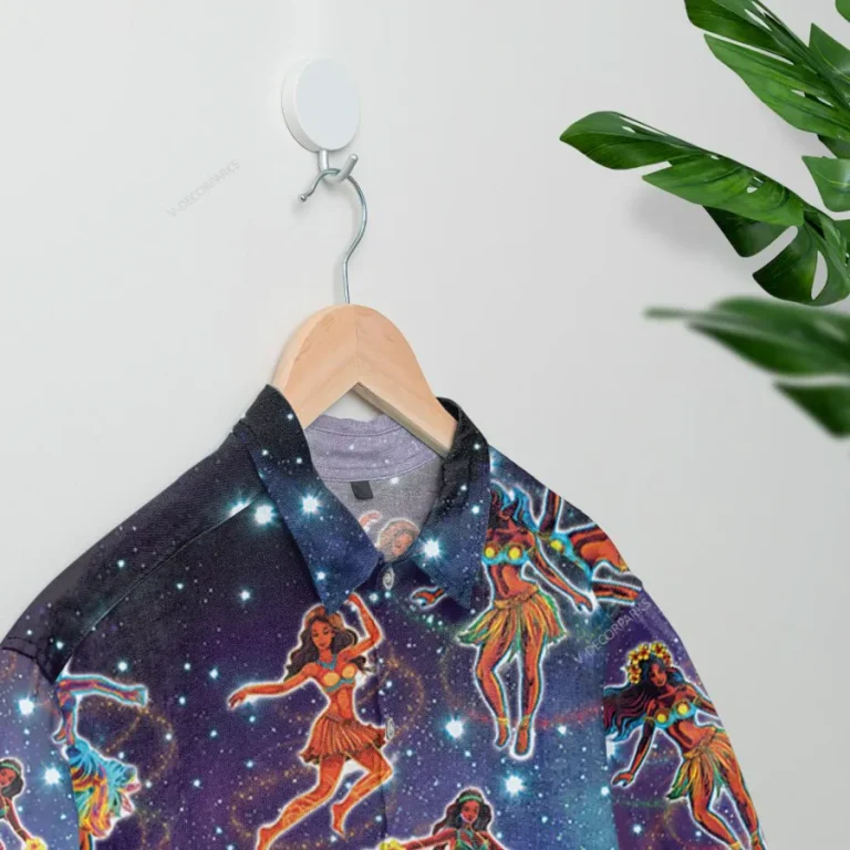 Galaxy Hula Girl Hawaiian Shirts For Men Women, Hawaiian Summer Beach Shirt, Summer Vacation Aloha Shirt, Tropical Tiki Button Down Short Sleeve Shirt