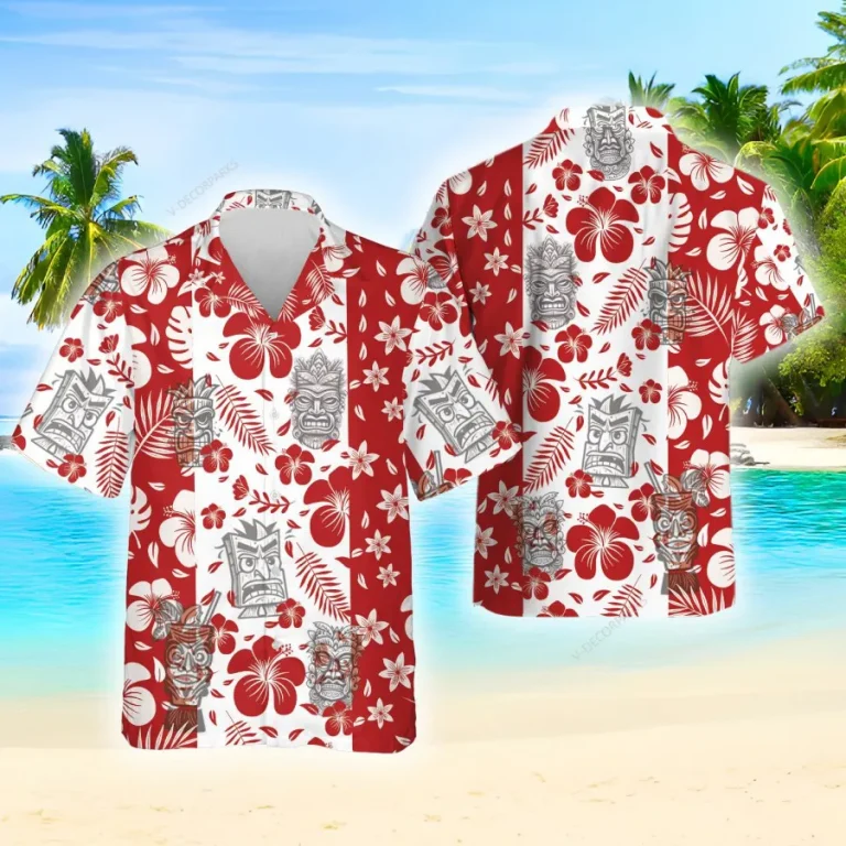 Polynesian Tiki Hawaiian Shirt For Men Women, Tiki Hawaiian Summer Beach Shirt, Tropical Hibiscus Aloha Shirt, Tiki Button Down Short Sleeve Shirts
