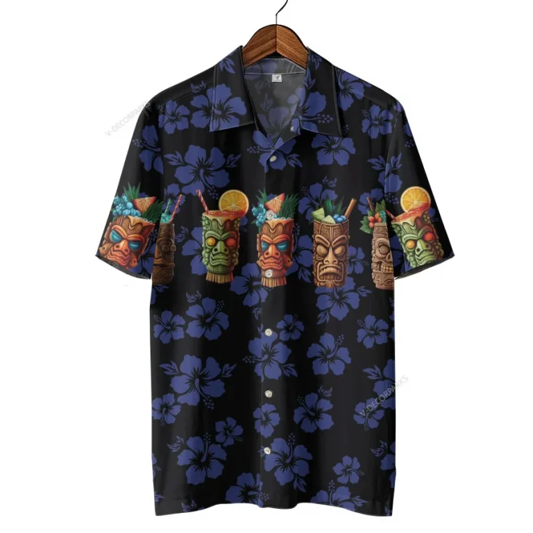 Tiki Cocktails Hawaiian Shirt For Men Women,tiki Hawaiian Summer Beach Shirt, Tropical Hibiscus Aloha Shirt, Funny Tiki Button Down Short Sleeve Shirt