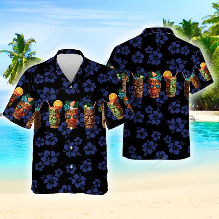 Tiki Cocktails Hawaiian Shirt For Men Women,tiki Hawaiian Summer Beach Shirt, Tropical Hibiscus Aloha Shirt, Funny Tiki Button Down Short Sleeve Shirt