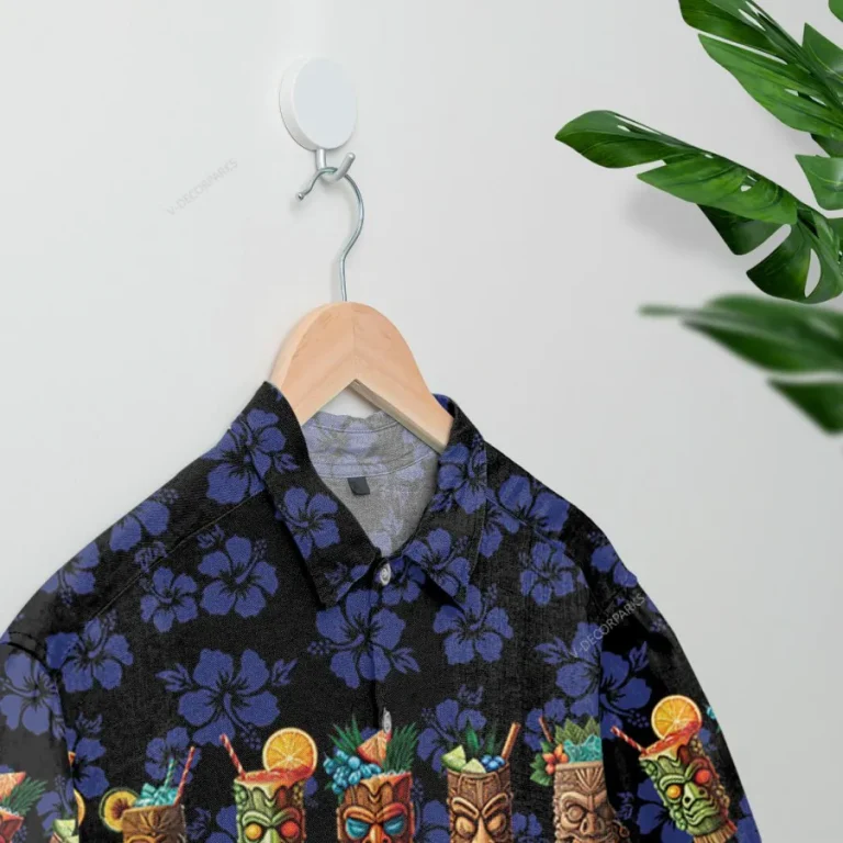 Tiki Cocktails Hawaiian Shirt For Men Women,tiki Hawaiian Summer Beach Shirt, Tropical Hibiscus Aloha Shirt, Funny Tiki Button Down Short Sleeve Shirt