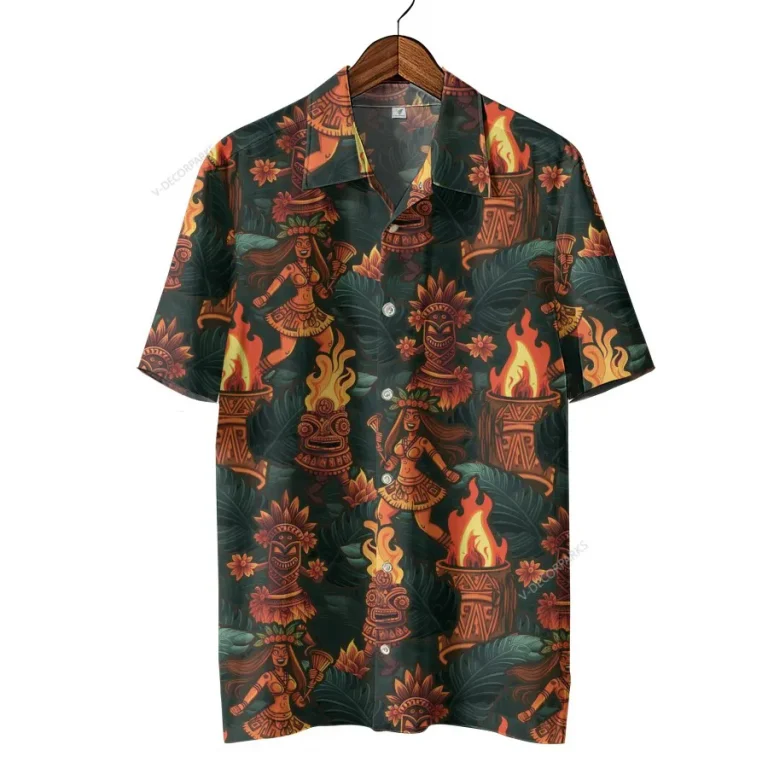 Hula Tiki Hawaiian Shirt For Men Women,tiki Hawaiian Summer Beach Shirt, Festival Campfire Aloha Shirt, Funny Tiki Button Down Short Sleeve Shirt