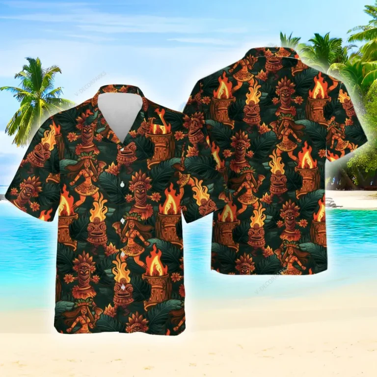 Hula Tiki Hawaiian Shirt For Men Women,tiki Hawaiian Summer Beach Shirt, Festival Campfire Aloha Shirt, Funny Tiki Button Down Short Sleeve Shirt