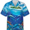 Sea Dolphin Tropical Island Hawaiian Shirts For Men Women, Ocean Dolphins Summer Beach Shirt, Hawaiian Aloha Shirt, Casual Printed Beach Shirt