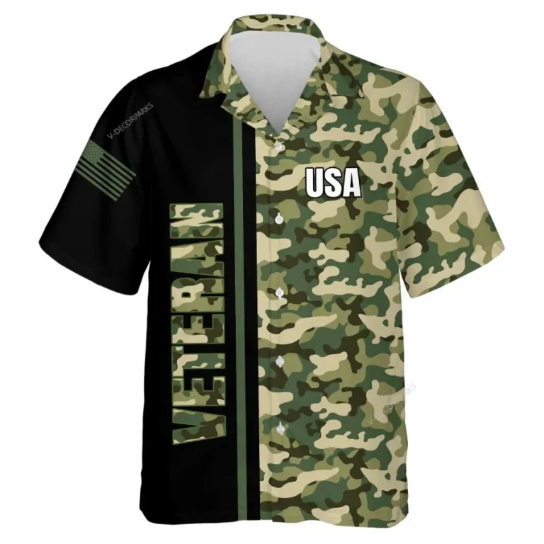 Us Veteran Hawaiian Shirts For Men Women, Camo Pattern Summer Beach Shirt, Veteran Aloha Shirts, Usa Military Button Down Short Sleeve Hawaiian Shirts