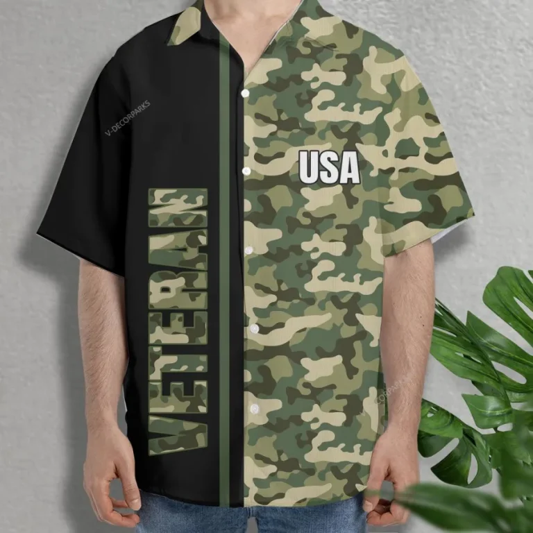 Us Veteran Hawaiian Shirts For Men Women, Camo Pattern Summer Beach Shirt, Veteran Aloha Shirts, Usa Military Button Down Short Sleeve Hawaiian Shirts