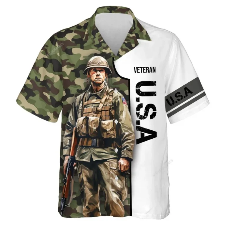 Us Veteran Hawaiian Shirts For Men Women, Veteran Camo Summer Beach Shirt, American Soldiers Aloha Shirt, Patriotic Button Down Short Sleeve Shirts
