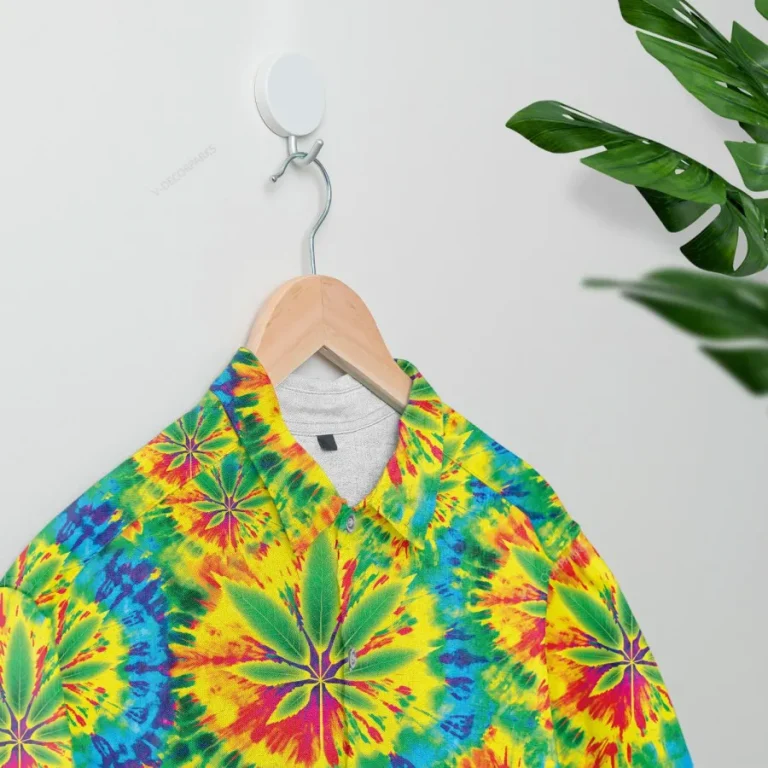 Weed Leaf Tie Dye Hawaiian Shirts For Men Women, 3d Marijuana Aloha Shirts, Colorful Summer Beach Shirts, Hawaiian Short Sleeve Button Down Shirts
